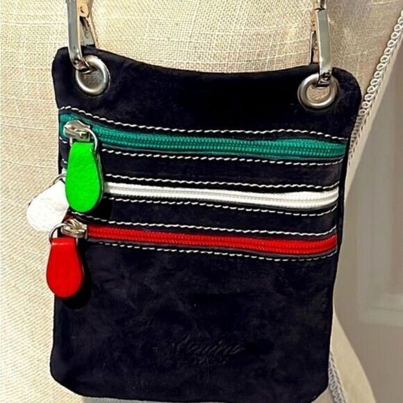 Amica Italian Suede Crossbody Body Black with Multi colored Zippers NWOT - Picture 2 of 8